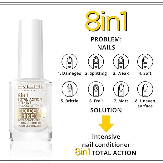 Eveline 8-in-1 Golden Shine Nail Conditioner - Strengthening Nail Treatment 12ml