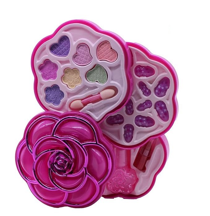 Flower-Shaped Kids Makeup Kit - Foldable Multi-Layer Play Cosmetics Set