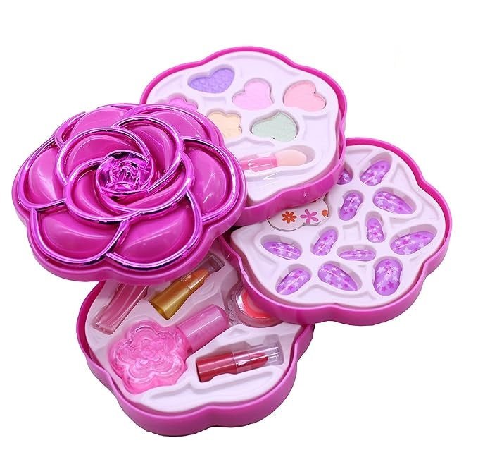 Flower-Shaped Kids Makeup Kit - Foldable Multi-Layer Play Cosmetics Set