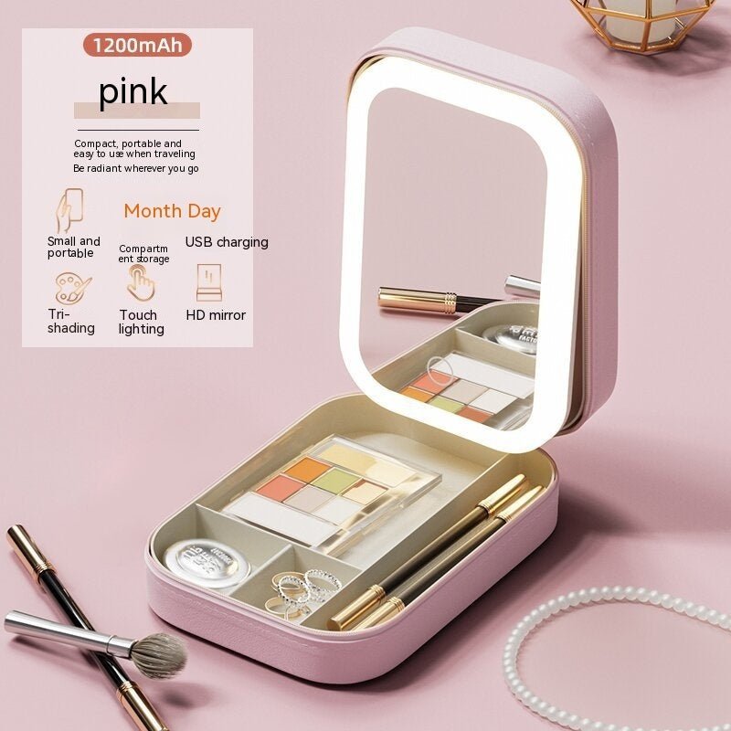 2-in-1 LED Touch-Dimmable Makeup Mirror Case with Built-In Cosmetic Organizer