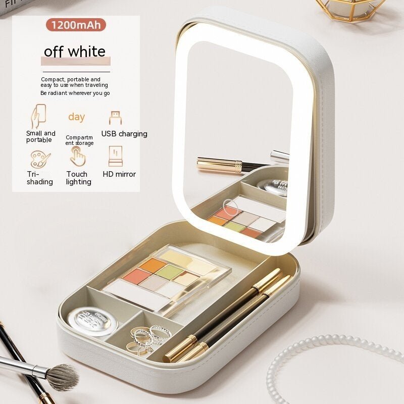 2-in-1 LED Touch-Dimmable Makeup Mirror Case with Built-In Cosmetic Organizer