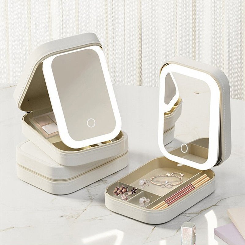 2-in-1 LED Touch-Dimmable Makeup Mirror Case with Built-In Cosmetic Organizer